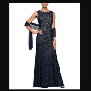 Alex Evenings Black Lace Gown w/ Sequins & Ruffles Size 10 NWT